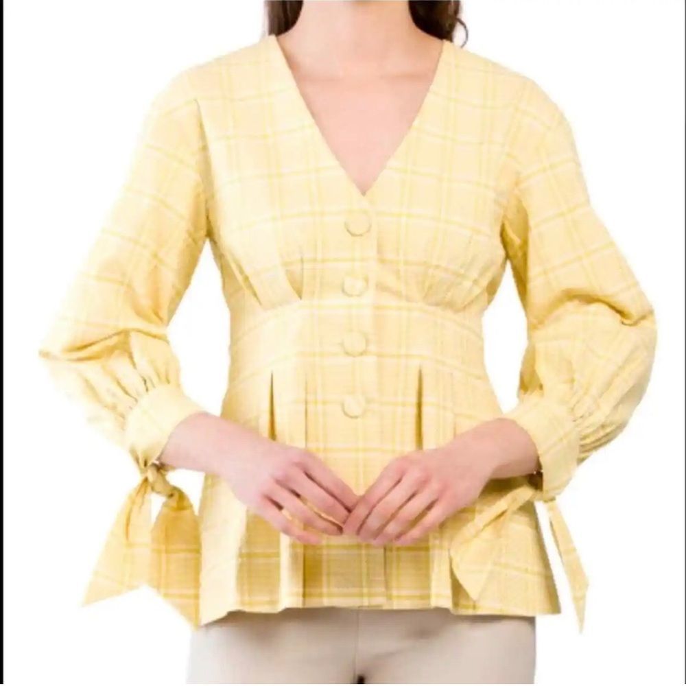 Lela Rose Yellow Plaid V-Neck Button Peplum Blouse